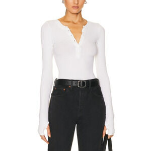 Enza Costa Rib Cream Viscose Long Sleeve Baseball Henley Top Size M